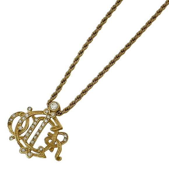 Christian Dior Logo Rhinestone Necklace Pendant GP Gold - Picture 1 of 6